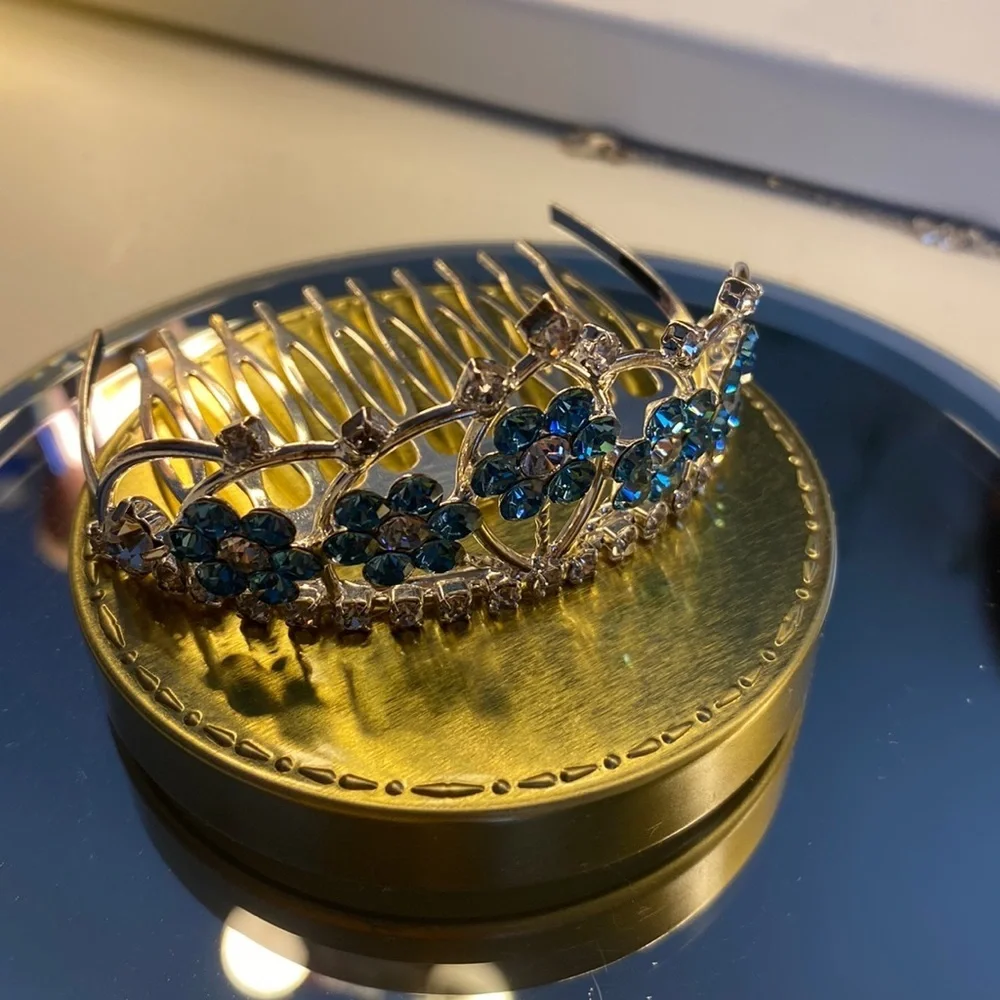 Kids Mini Crystal Tiara Comb Clear and Aqua Blue Rhinestones